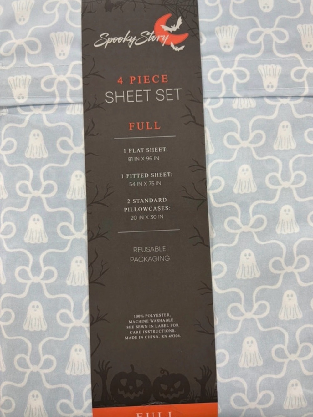 Full Sheet Set in Light Blue Ghost Bows Print NWT Viral Halloween
